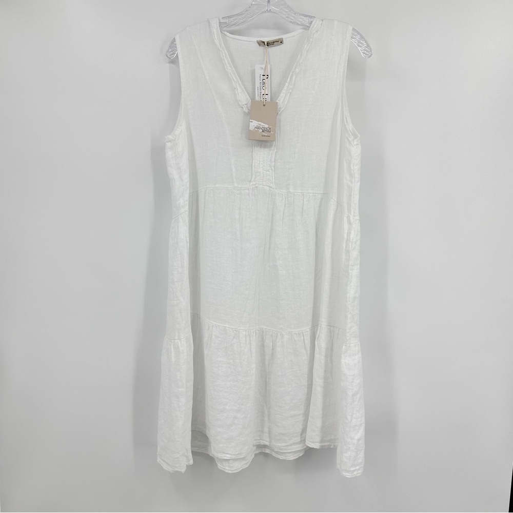Francesca Bettina NWT Dress 100% Linen Sleeveless V Neck Ruffle White Size M